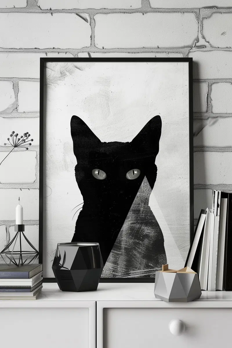 Modern Black Cat Printable Wall Art with Geometric Frame