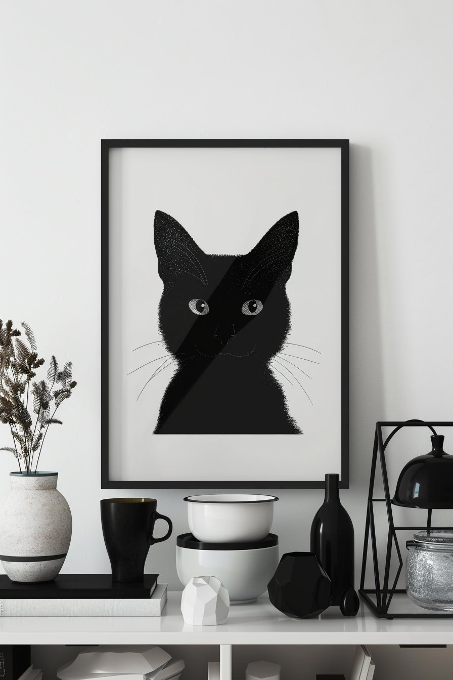 Black cat within geometric frame modern luxury wall art