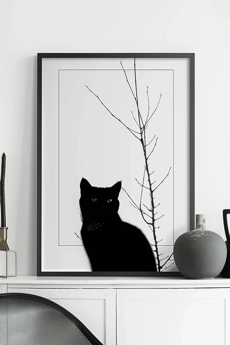 Modern Black Cat Printable Wall Art with Geometric Frame