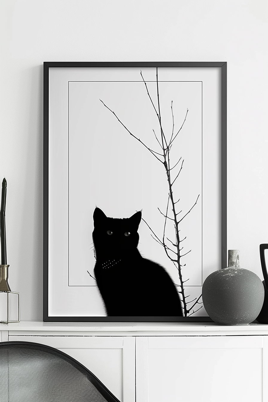 Black cat within geometric frame modern luxury wall art