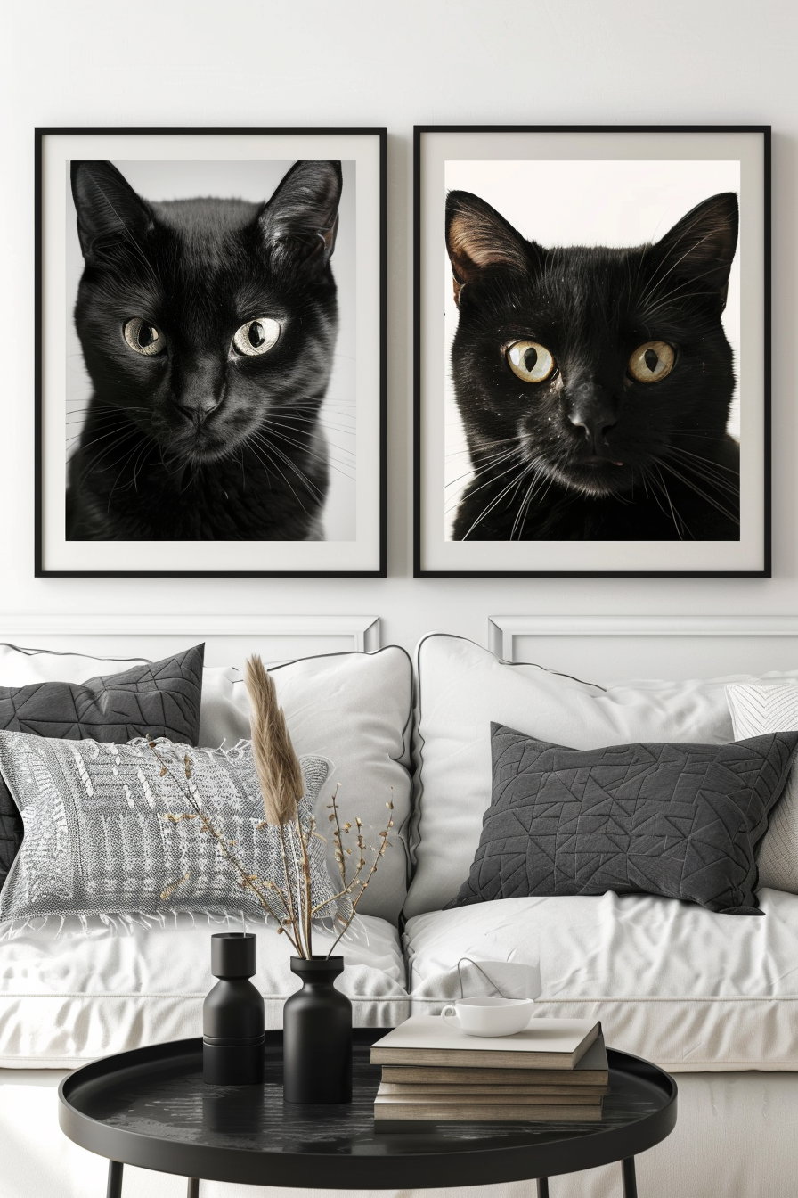 Minimalist black and white cat poster set for modern decor