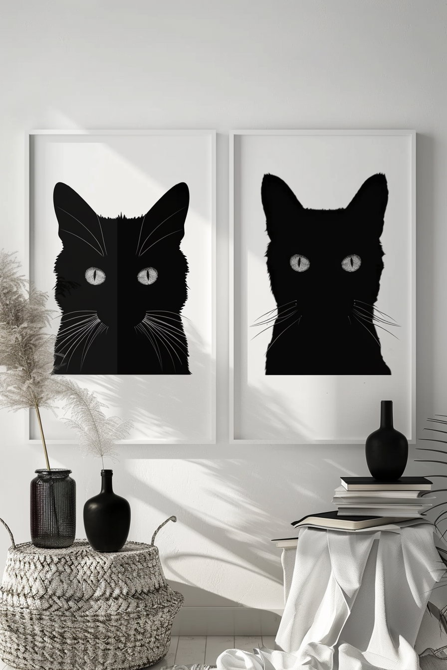 Minimalist black and white cat poster set for modern decor