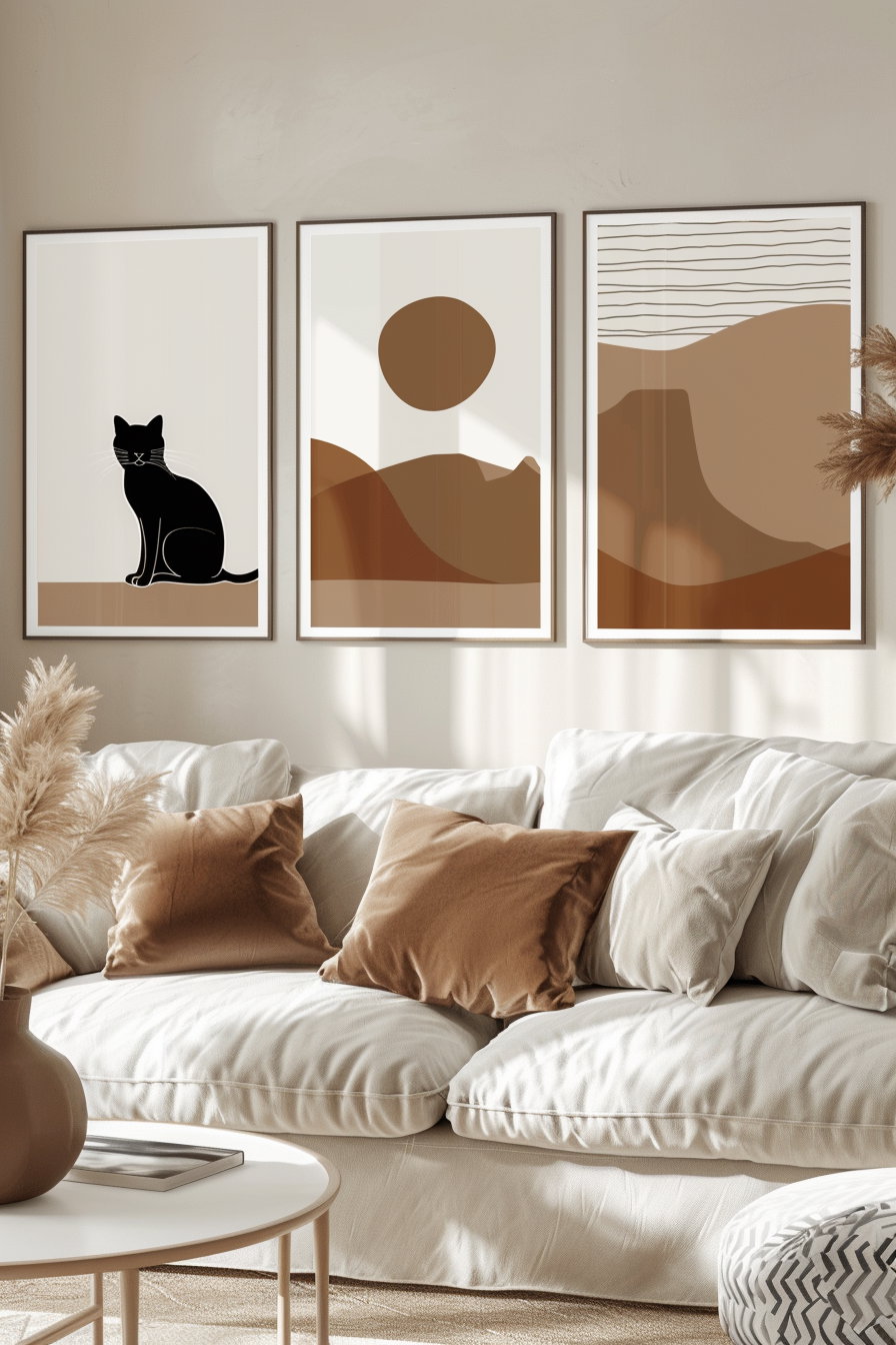 Abstract cat wall art set with modern shapes and silhouettes