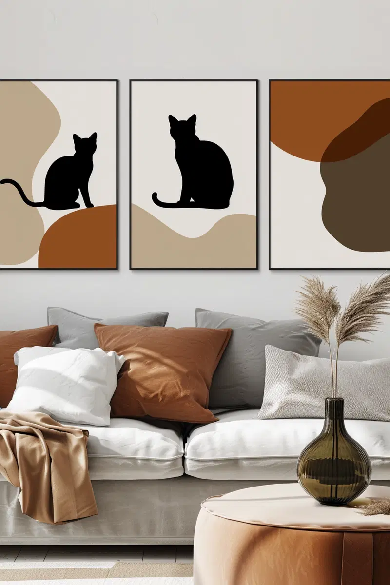 Modern Cat Printable Wall Art Set with Abstract Shapes