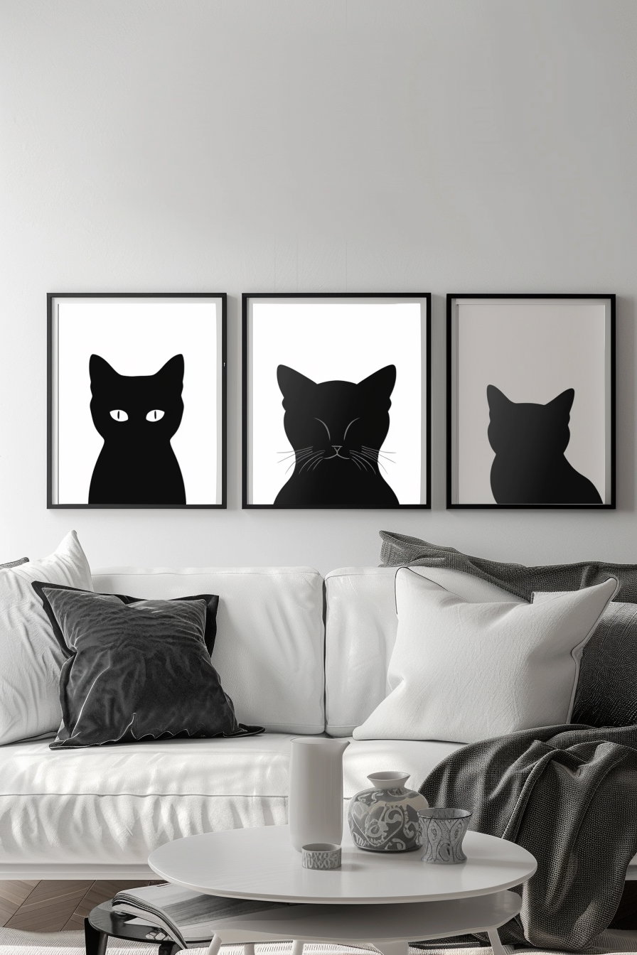 Minimalist black and white cat wall art posters bundle