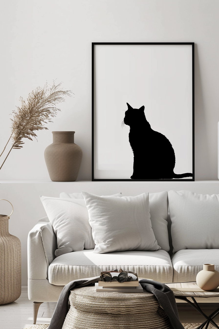 Minimalist cat wall art on clean white background
