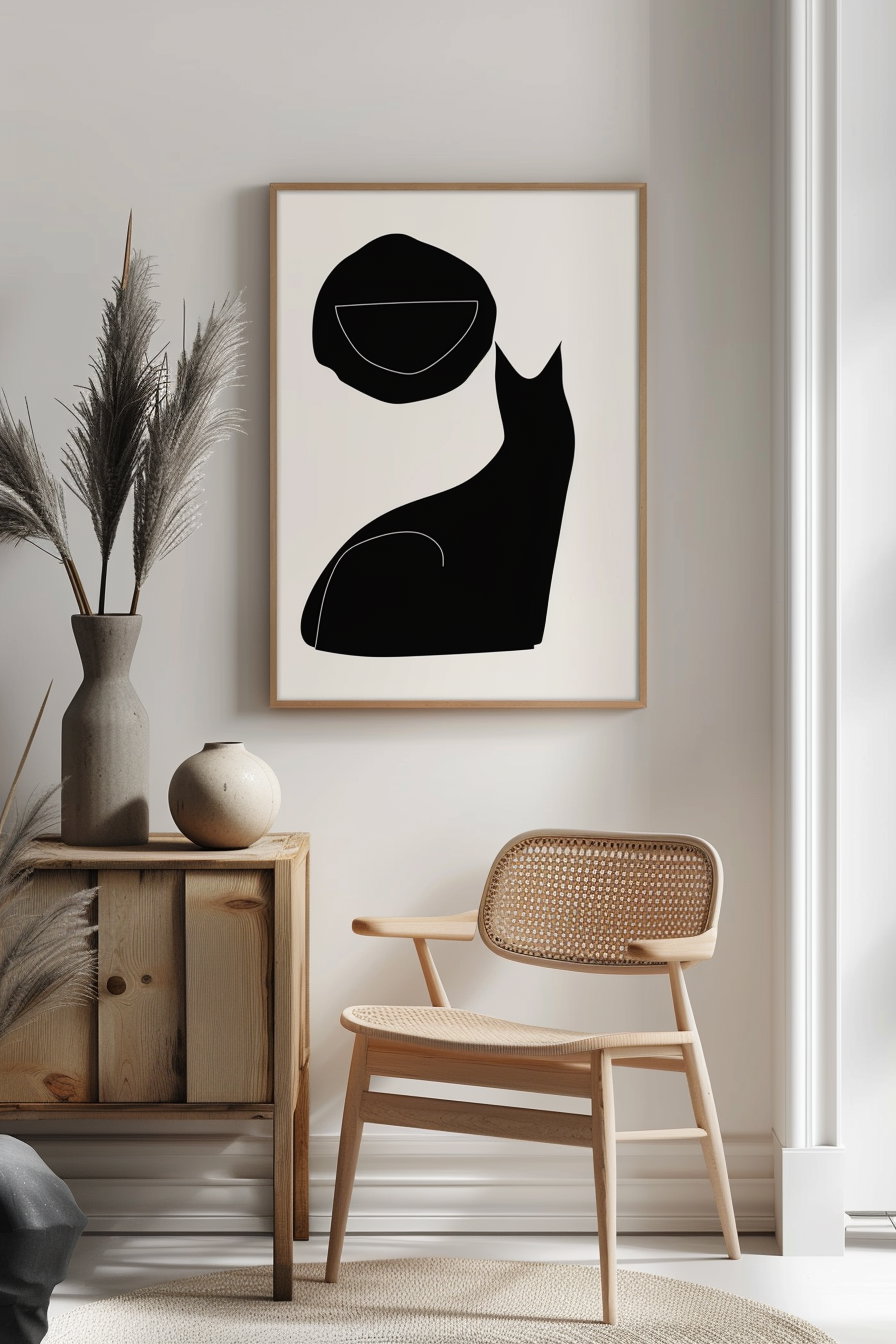 Abstract black cat shapes on white background minimalist art