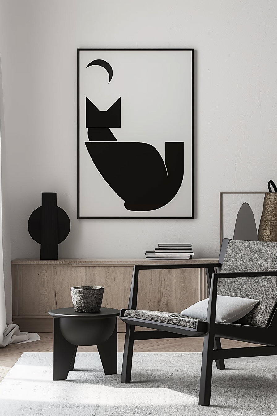 Abstract black cat shapes on white wall art print