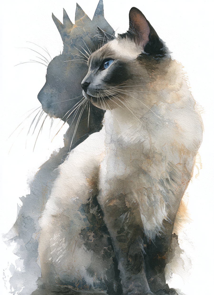 Watercolor portrait of cat with crown-shaped shadow