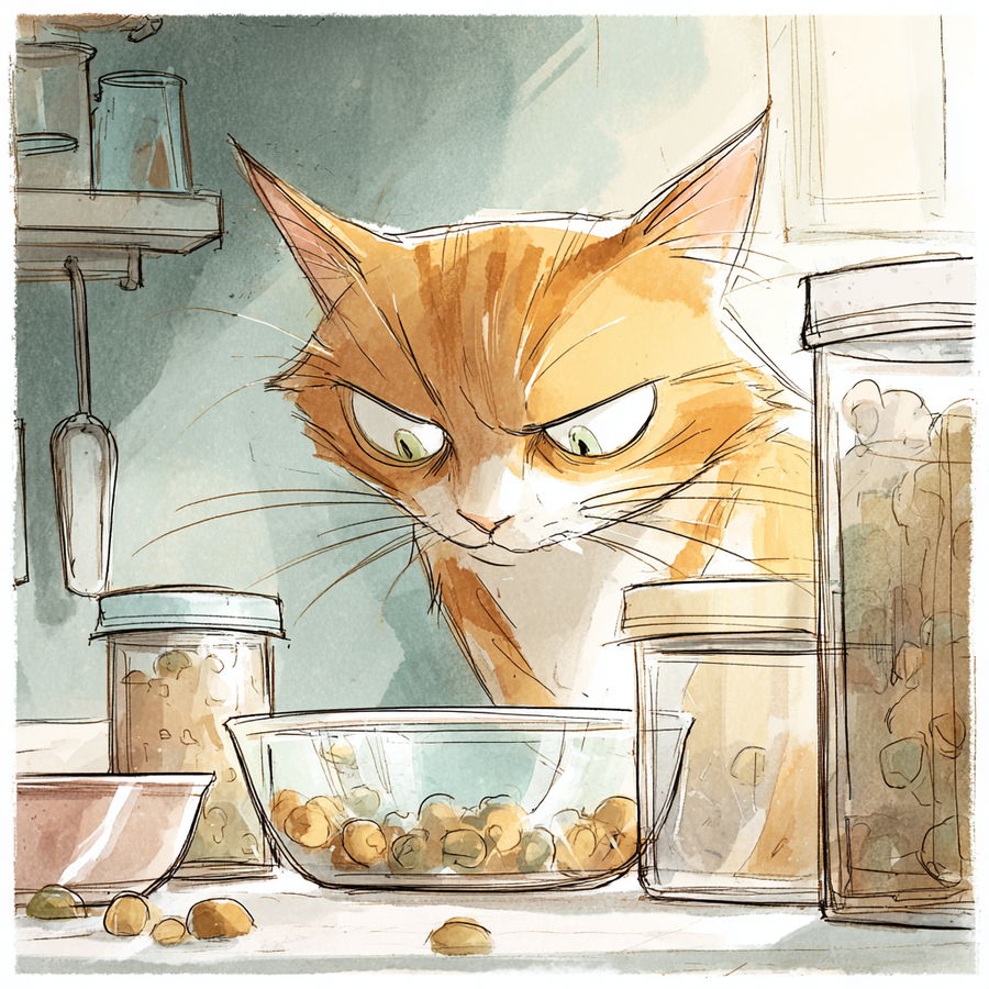 Ginger tabby cat skeptically eyeing dry kibble in kitchen