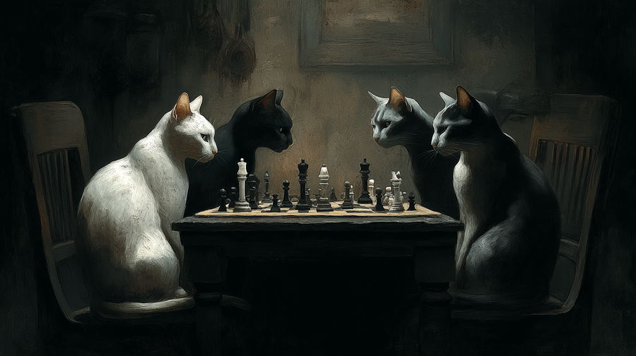 Serious cats playing chess at a dark, gloomy table