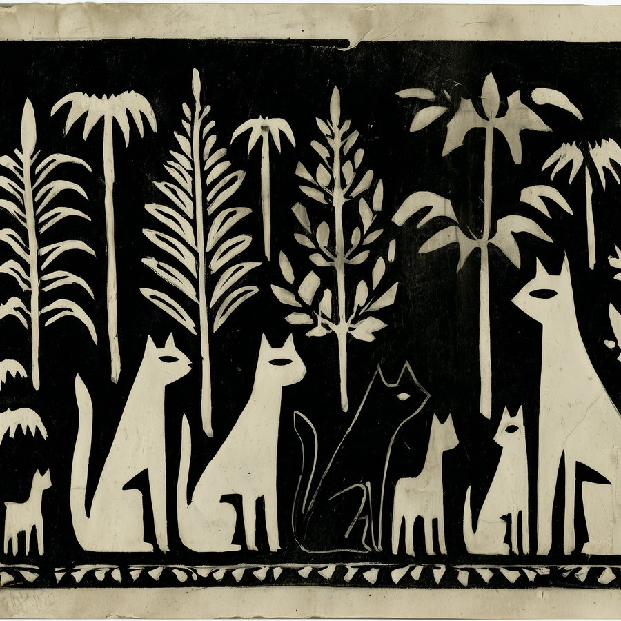 Colorful cats play among giant prehistoric horsetail plants