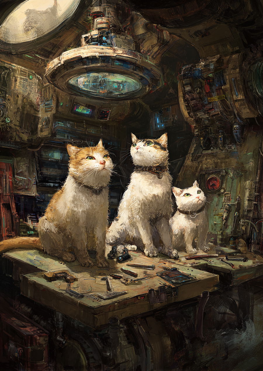 Three playful cats explore a mechanic's table in a spaceship