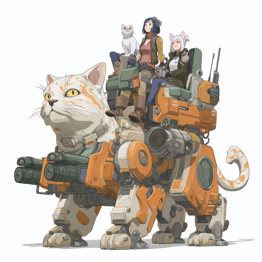 Cats riding a futuristic mecha with shooting features