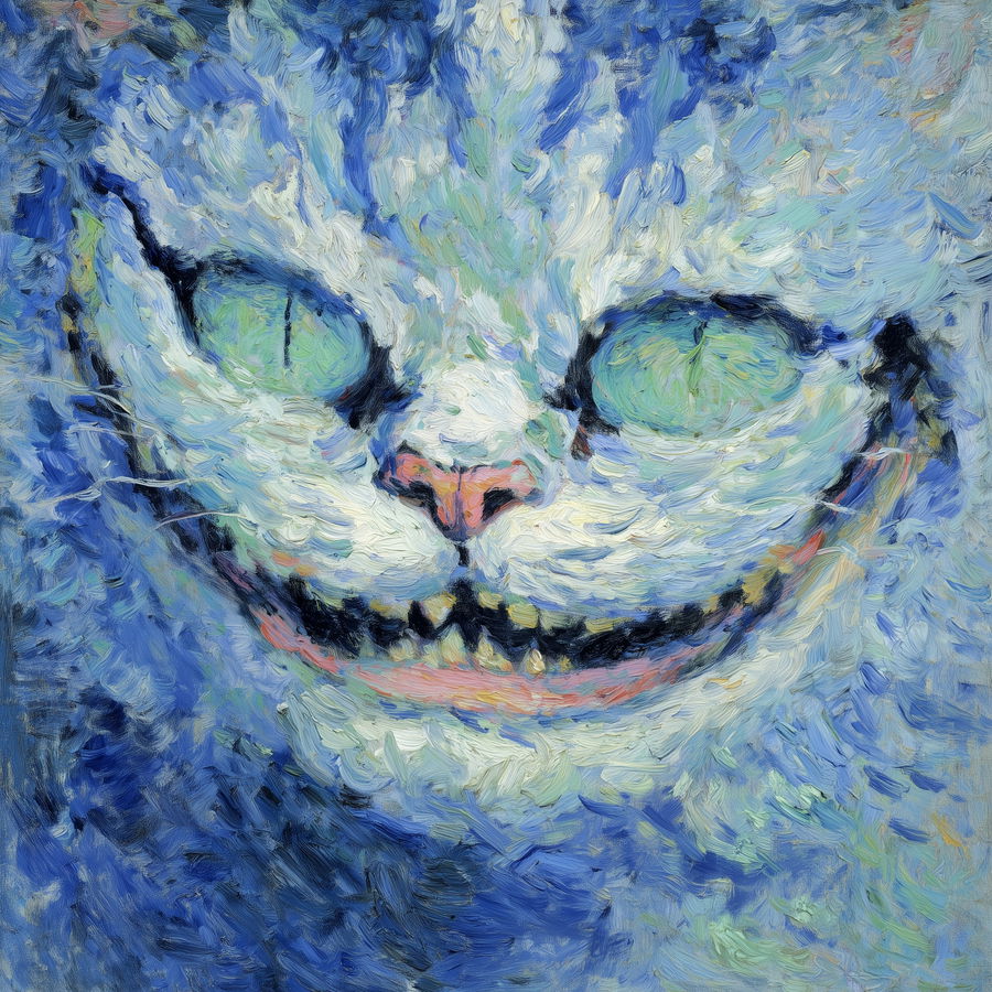 Surreal Cheshire Cat with glowing eyes on black background