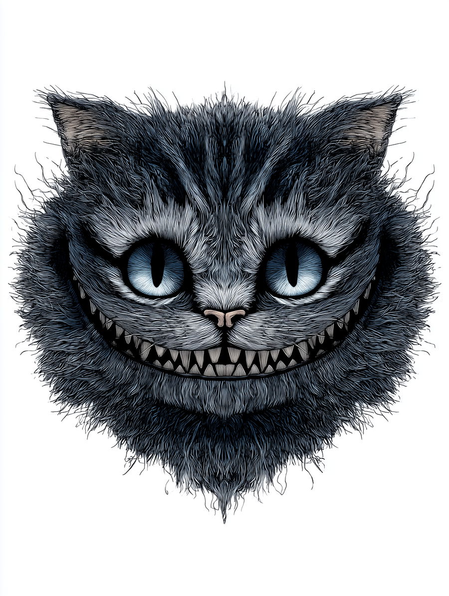 Cheshire Cat head with dark colors on white background