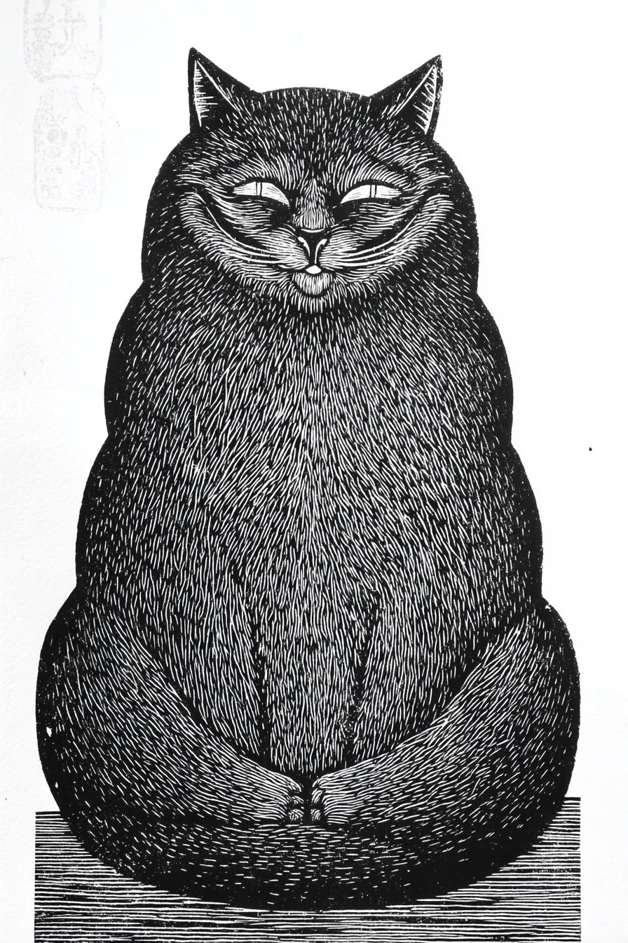 Cheshire Cat meditating in black and white woodcut style