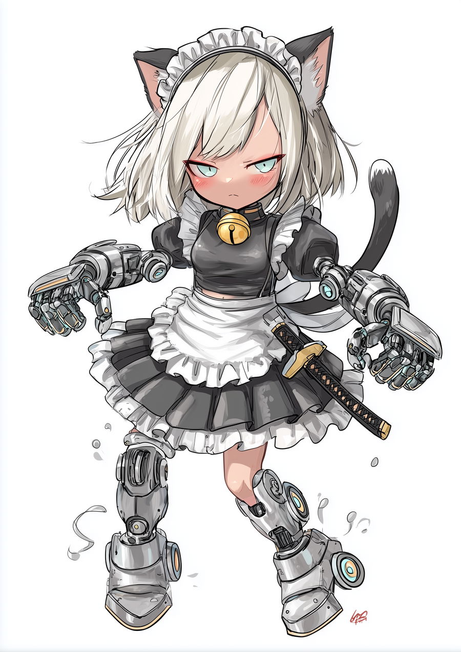 Chibi catgirl maid with cyborg limbs in comical pose