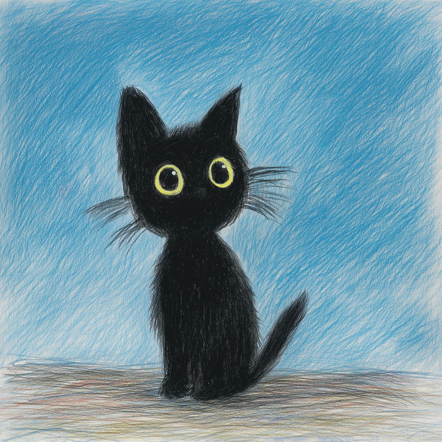 Child's colorful drawing of a playful black cat
