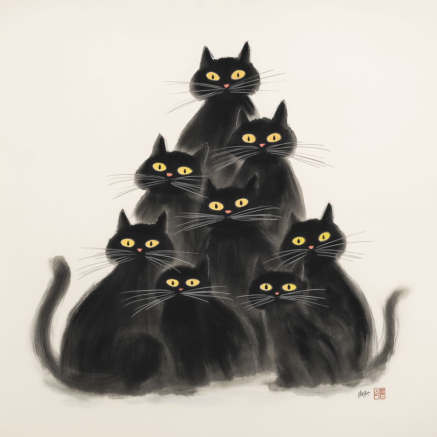 Chinese black cats stacked with yellow eyes on white background