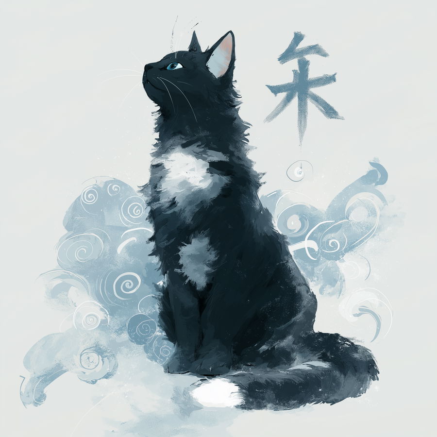 Black cat with white chest in elegant Chinese style
