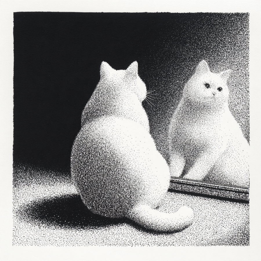 Chonky white cat admiring reflection in mirror