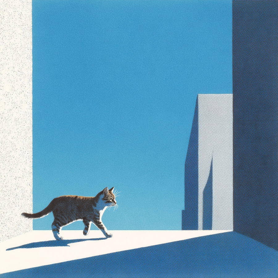 Cat running right in Hiroshi Nagai City Pop style illustration