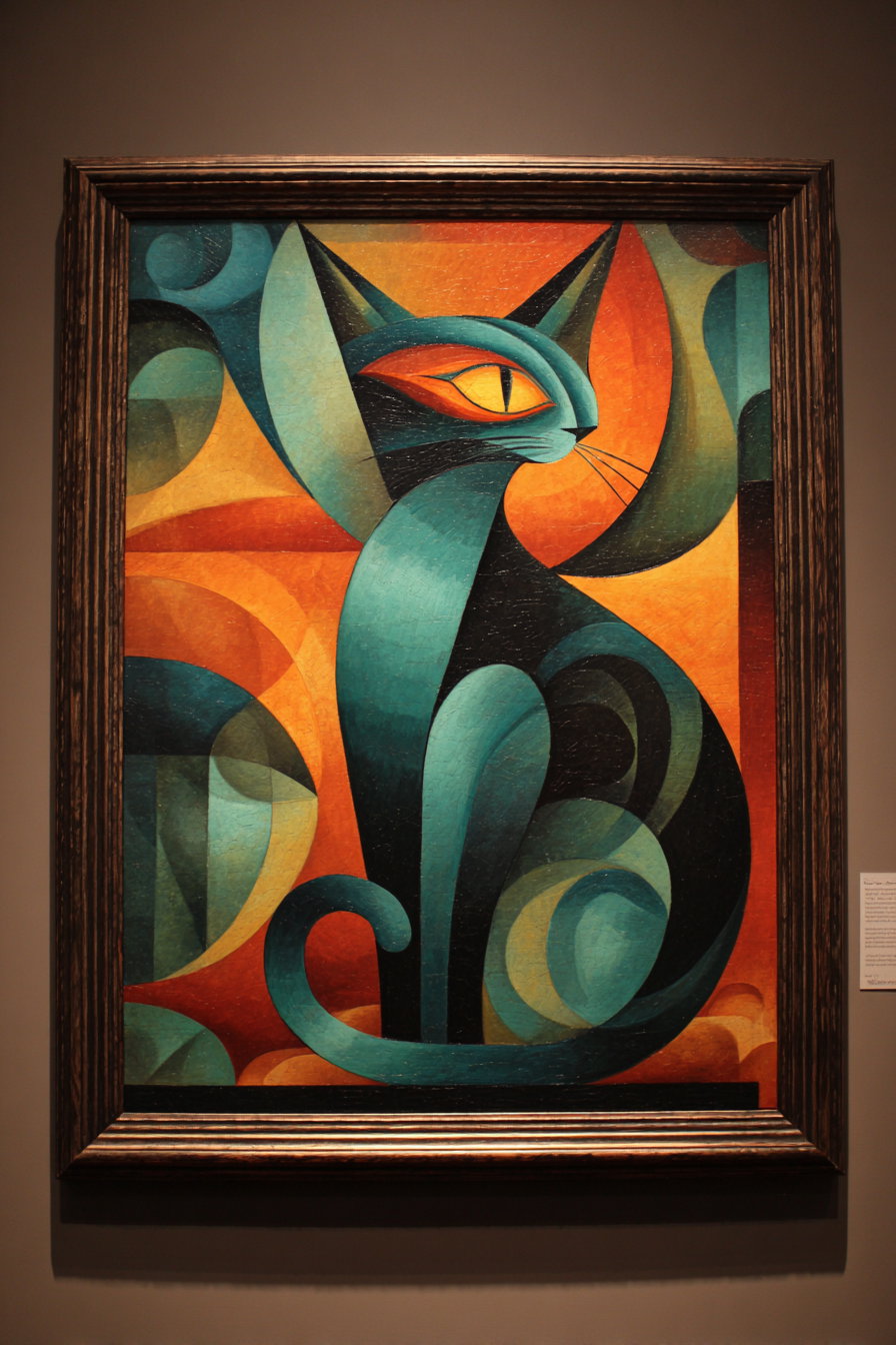 Colorful abstract cat painting inspired by Thomas Hart Benton