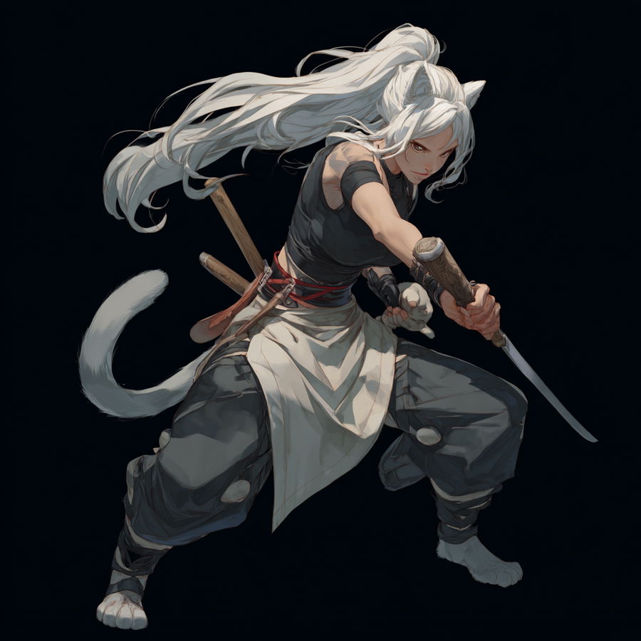 Cat woman chef with silver fur wielding cleaver and rolling pin