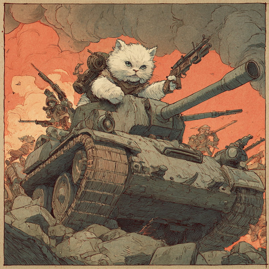 Conan the kitten in tank wielding heavy weapons charging Hyboria