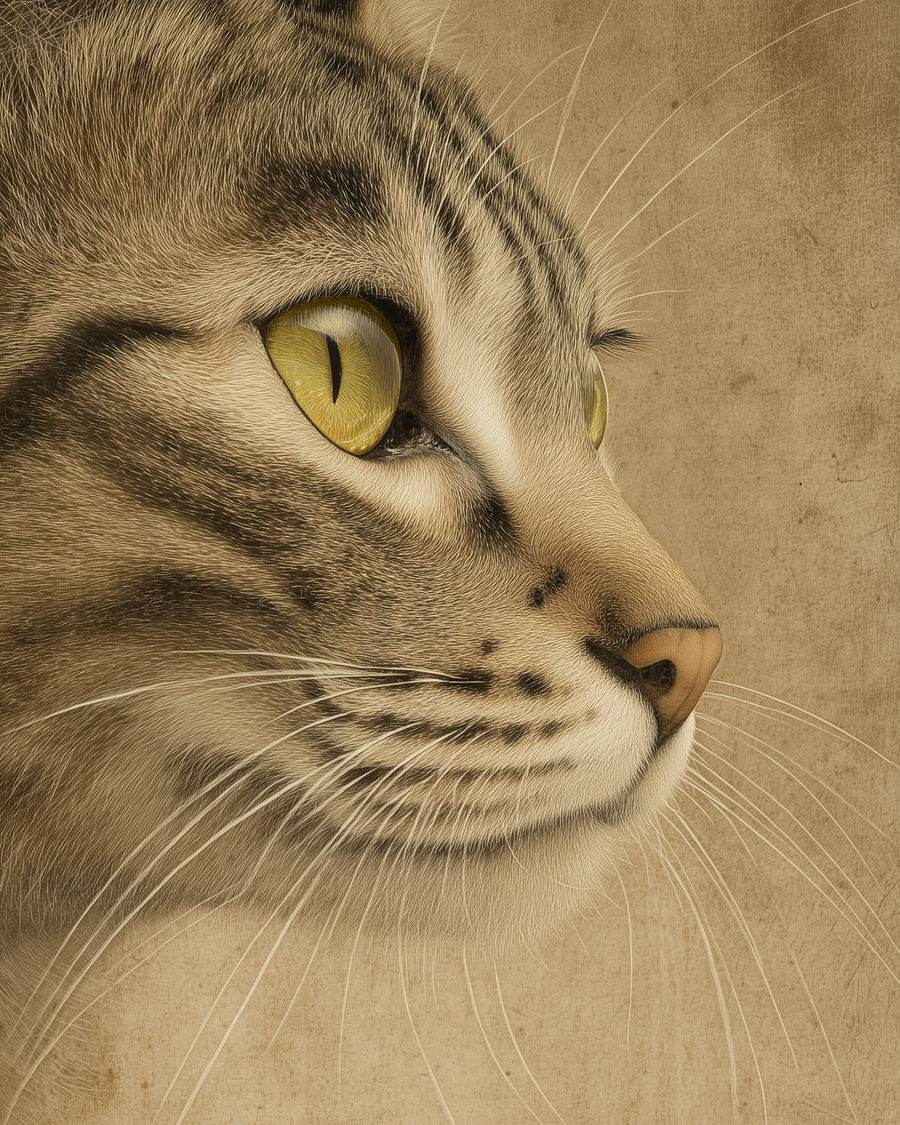 Elegant court cat portrait with golden eyes and fine fur texture