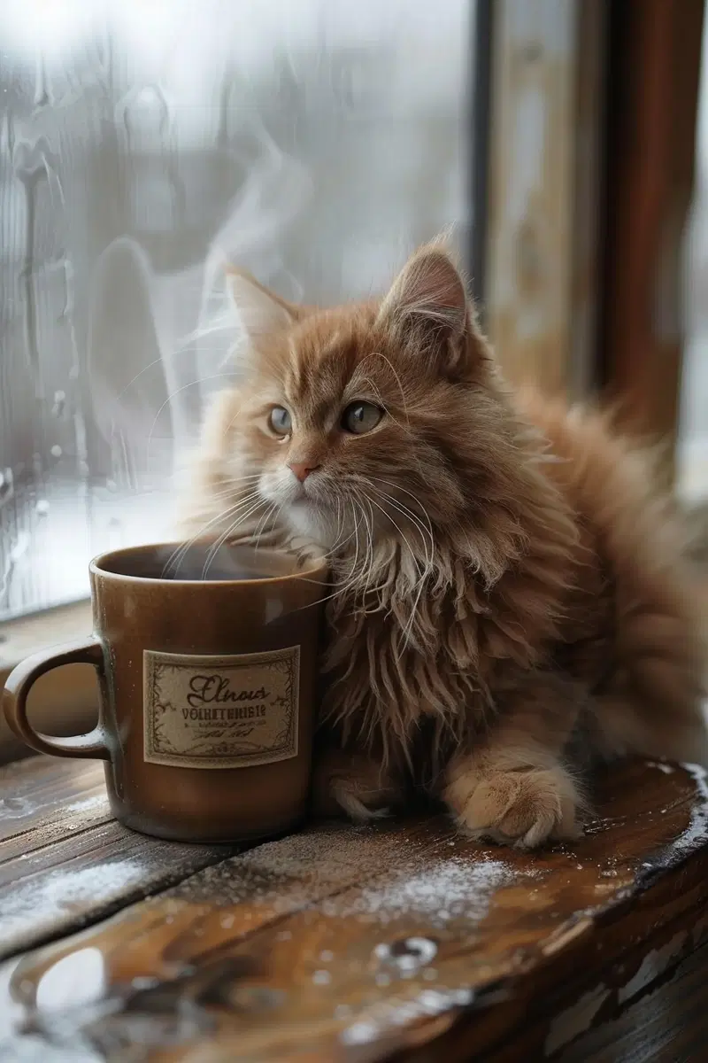 Cozy Morning Vibes: Fluffy Cat and Coffee Table Aesthetic