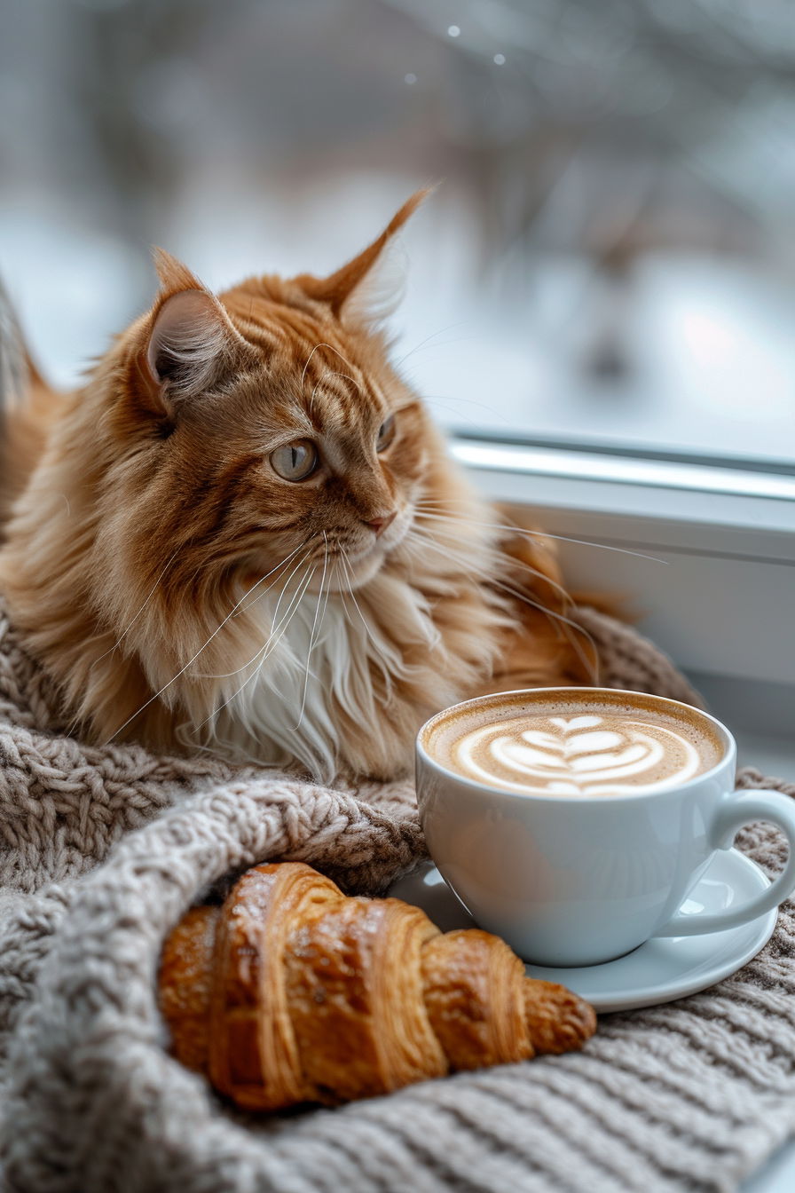 Cozy cat beside croissant and coffee brunch setup