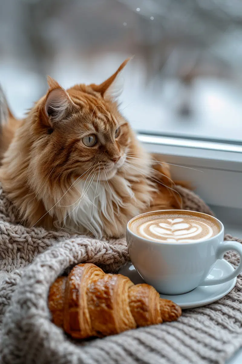 Cozy Cafe Breakfast Aesthetic with Cats and Pastries