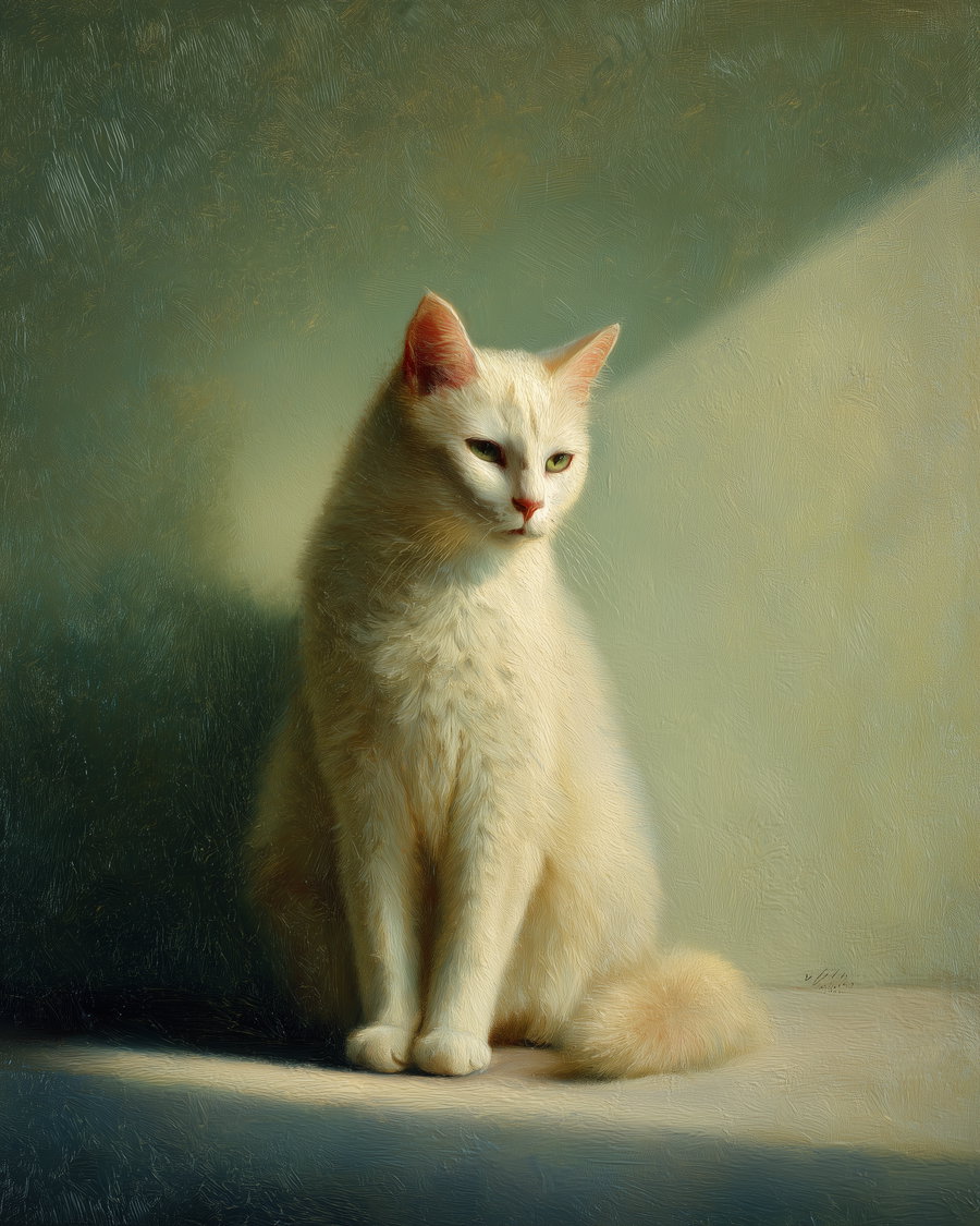Cream-colored cat against sage green background in soft oil painting