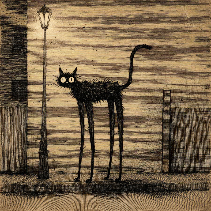 Creepy skinny cat with long limbs in eerie setting