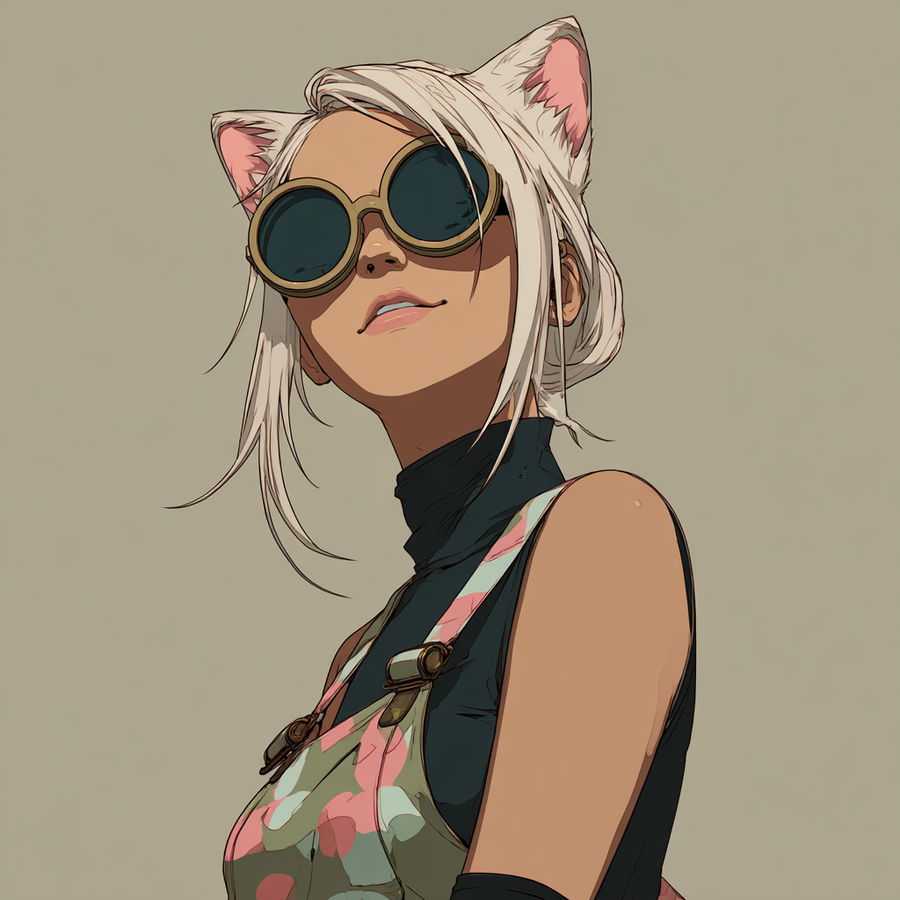 Cute cat game girl wearing sunglasses in colorful setting