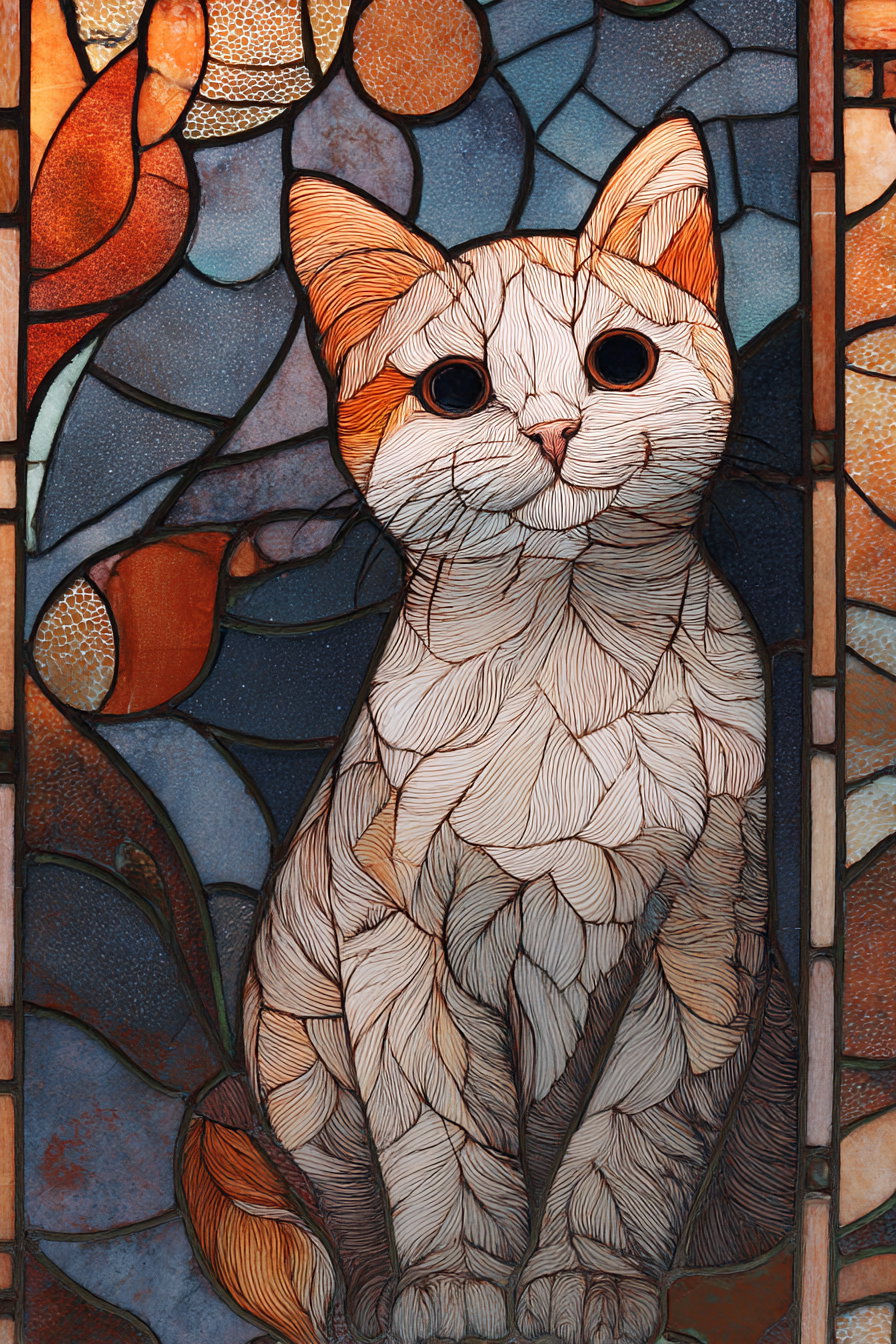 Cute cat sitting by a colorful stained glass window