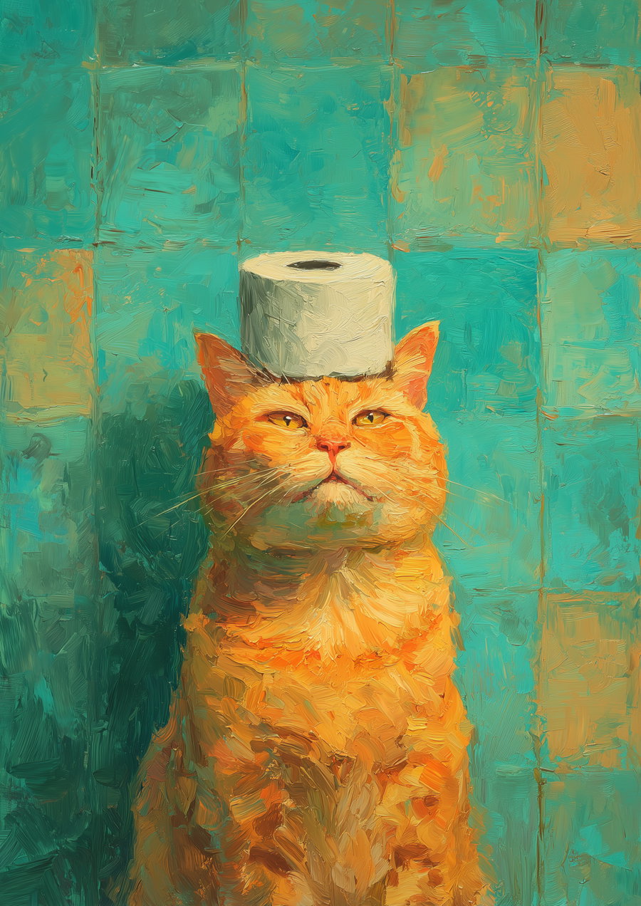 Cute orange cat balancing toilet paper in vibrant bathroom
