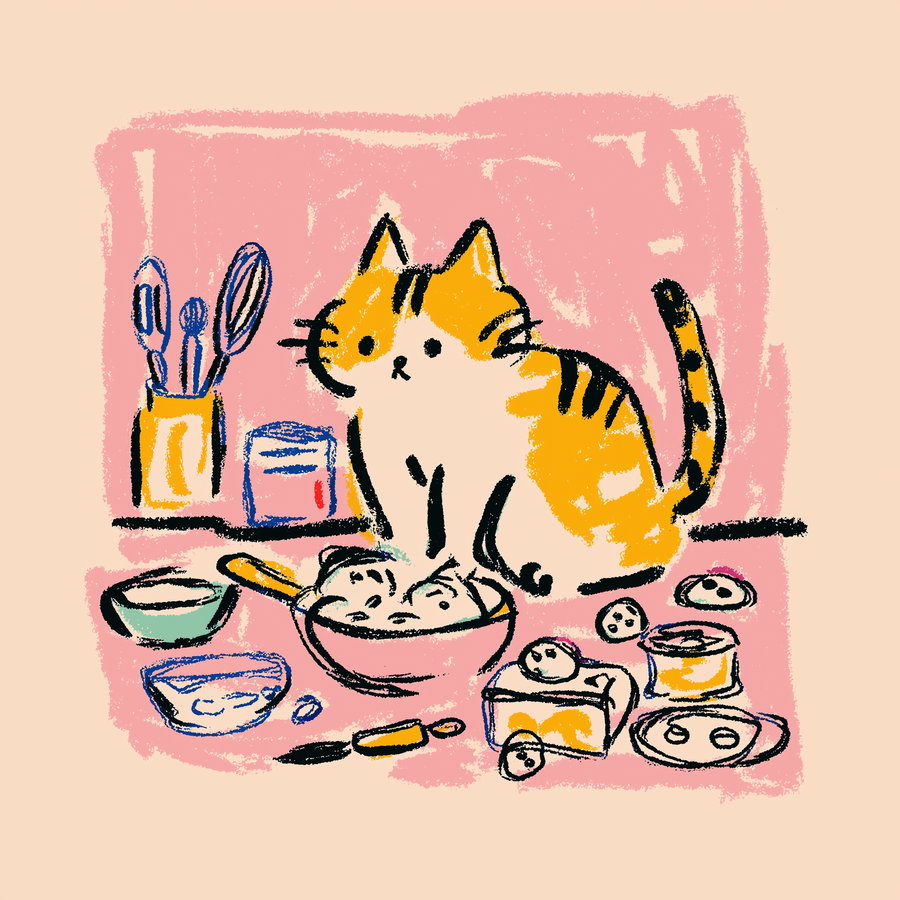 Cute cartoon cat baking cookies in a cozy kitchen