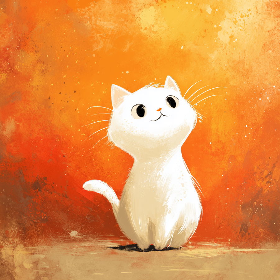 Cute white cartoon cat on a warm, colorful background