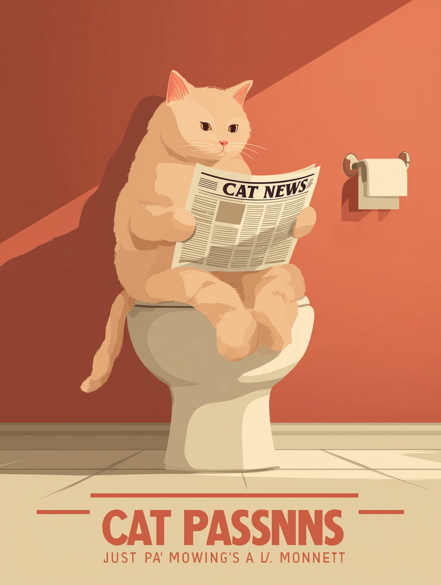 Beige cat on toilet reading CAT NEWS newspaper