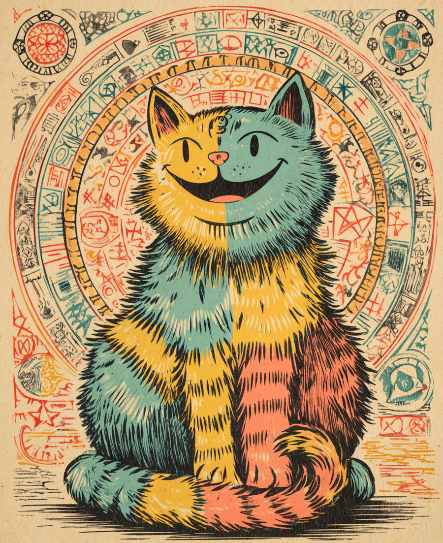 Cute smiling cat in vibrant naive art style