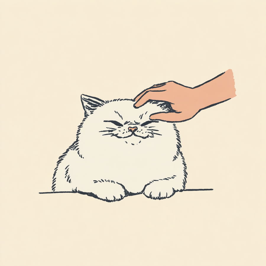 Cartoon hand petting a squinting obese white cat