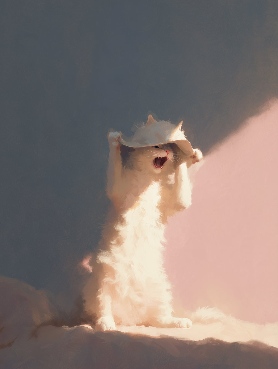 Frustrated cat in tiny hat, cartoon style, cozy indoor scene