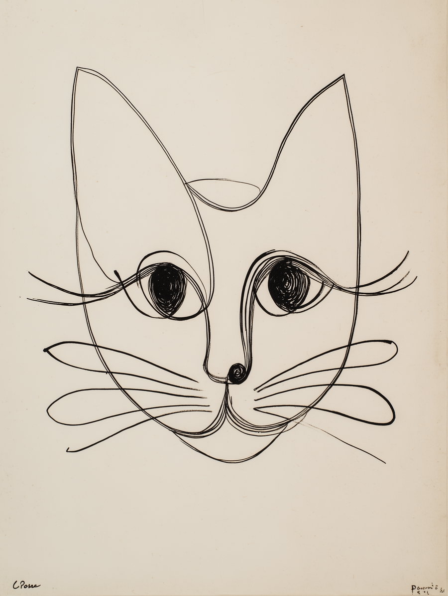 Cute minimal ink drawing of a mama cat's face