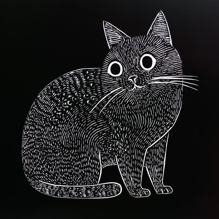 Cute round cat lino print in white on black background