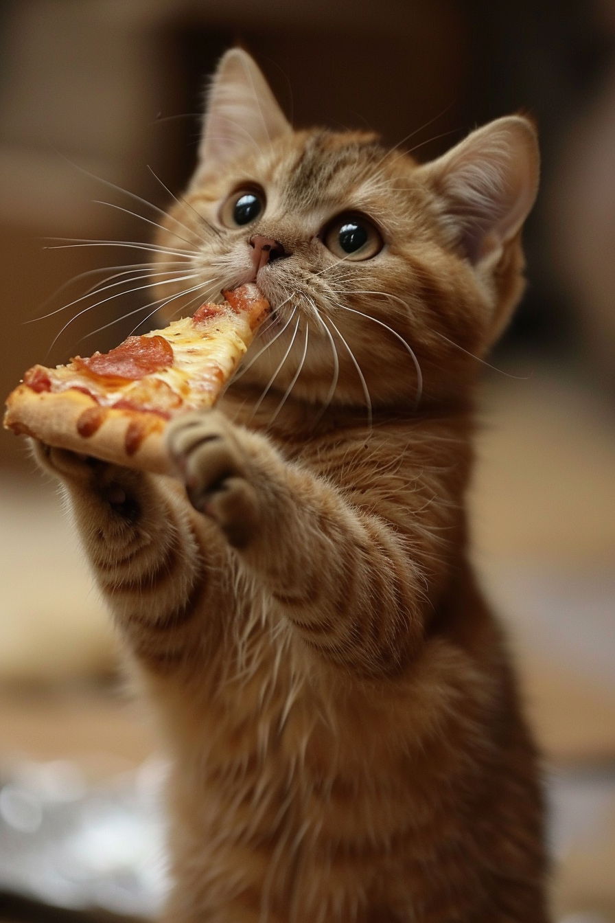 Chubby cat joyfully holding pizza slice in dramatic lighting