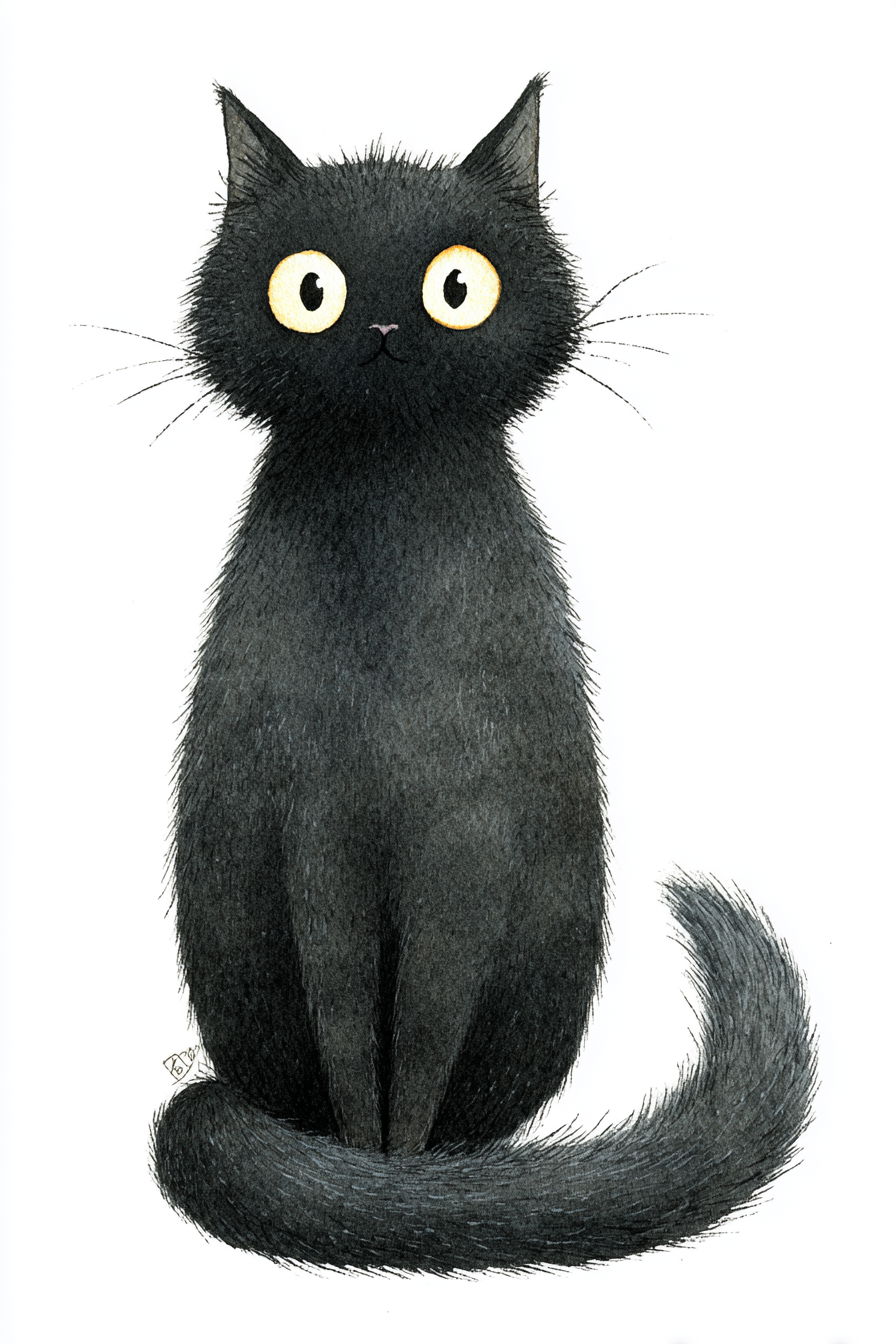 Cute creepy black cat watercolor illustration on white background