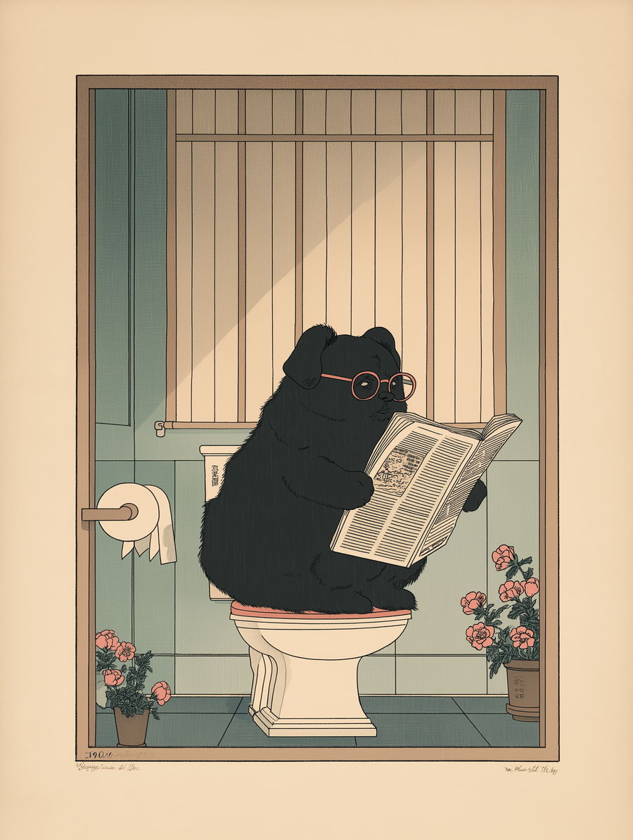 Cute black dog in glasses reading newspaper on toilet
